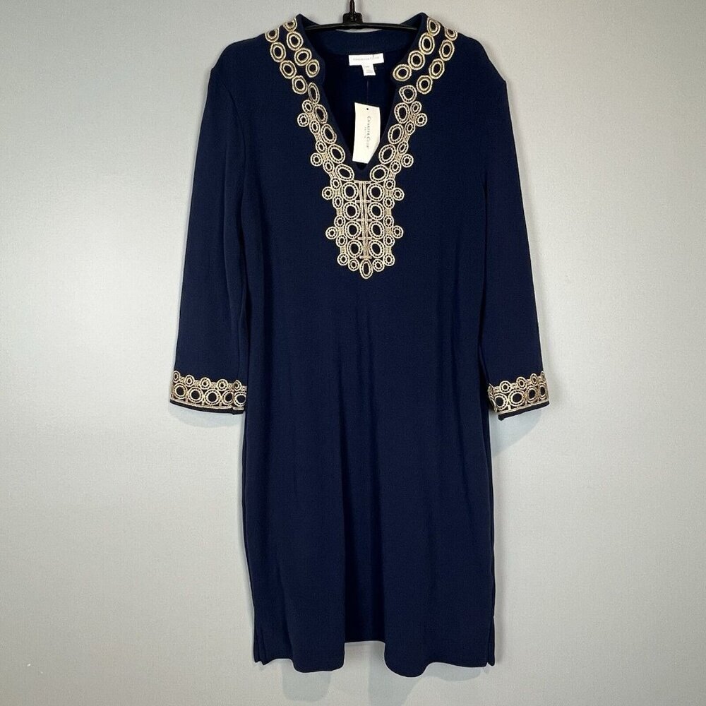 Charter Club Nautical Sheath Dress Size Medium Petite Navy Blue Gold Detail NWT